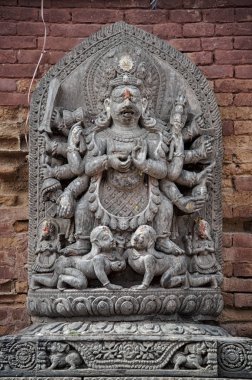 UNESCO tarafından dünya mirası olarak listelenen Bhaktapur Nepal 'deki Durbar Meydanı' ndaki bir tapınağın ayrıntıları