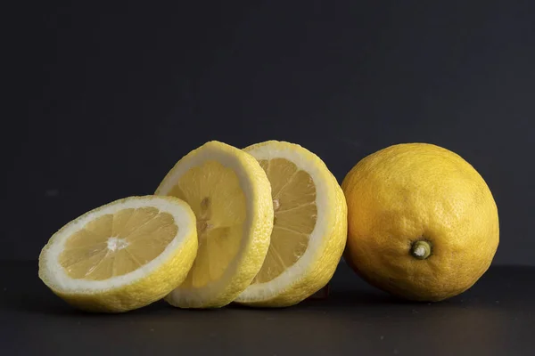 Still Life Fresh Sorrento Lemons Fresh Lemon Slices Black Background — Stock Photo, Image