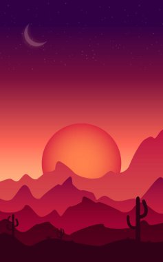 Sunset bulvarında bir dağ manzarası ile çöl ve kaktüs bir arka plan