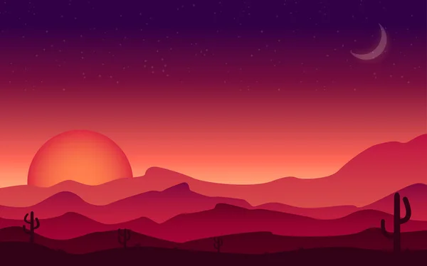 Τοπίου ηλιοβασίλεμα με φόντο ένα ορεινό τοπίο με έρημο και κάκτο — Διανυσματικό Αρχείο