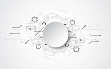 Çeşitli teknoloji elementlerine sahip gri beyaz soyut teknoloji. Yüksek teknoloji iletişim konsepti yenilik arka planı. Metnin için boş alanı çembere al