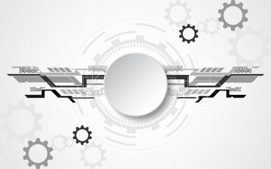 Çeşitli teknoloji elementlerine sahip gri beyaz soyut teknoloji. Yüksek teknoloji iletişim konsepti yenilik arka planı. Metnin için boş alanı çembere al