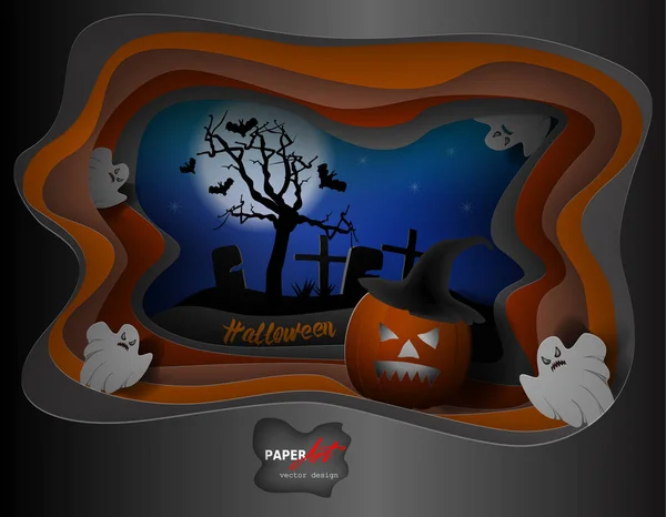 Halloween geceler arka plan. Kabak ve hayaletler, mezar ve kağıt sanat stil oyma tarzında yapılmış yarasalar