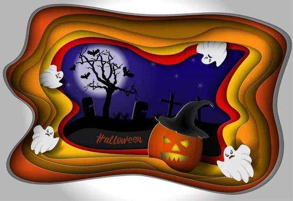 Halloween geceler arka plan. Kabak ve hayaletler, mezar ve kağıt sanat stil oyma tarzında yapılmış yarasalar