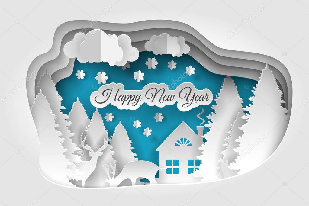 Creative happy new year 2019 design. Happy new year and Merry christmas,paper art and craft style.