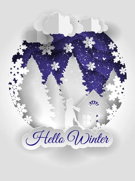 Winter seizoen illustratie van het bos van de winter met de tekst Hello winter. Papier kunststijl. Vectorbeelden