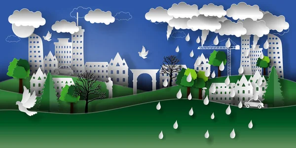 Ağaçlar, evler, gökdelenler, yağmur ve fırtına ile bir kağıt şehir Illustration. Kağıt sanat tarzı.