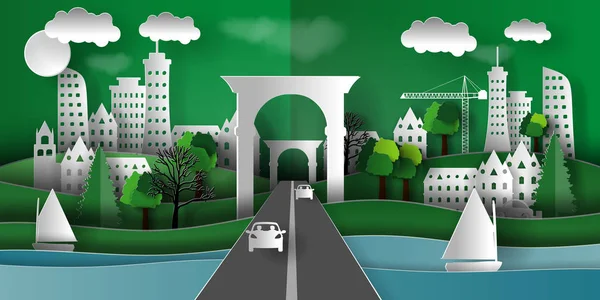  Kağıt kasaba ağaçlar, evler, gökdelenler, otomobil, gemi ve köprü ile 3D Illustration. Kağıt sanat tarzı.