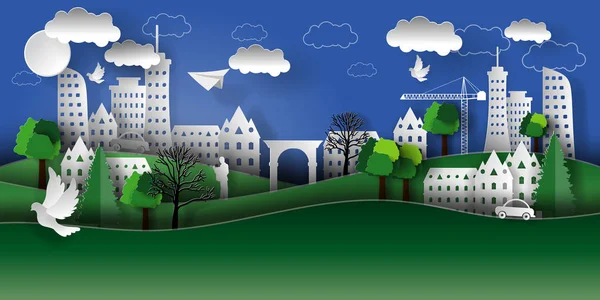 Ağaçlar, evler, gökdelenler ile bir kağıt şehir Illustration. Kağıt sanat tarzı.