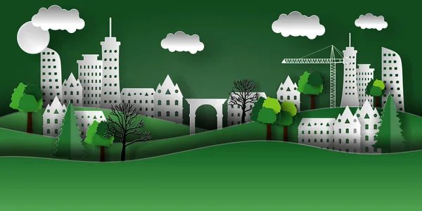 Ağaçlar, evler, gökdelenler ile bir kağıt şehir Illustration. Kağıt sanat tarzı.