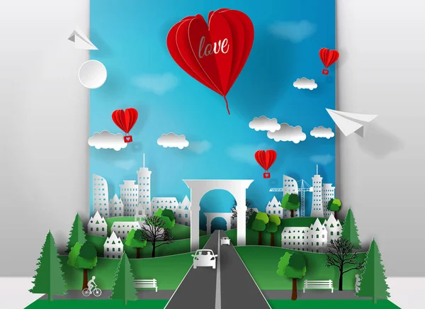 3D paper illustration of paper cut city with trees, houses, skyscrapers, cars and bridge, balloon heart inscription love. The style of paper art.
