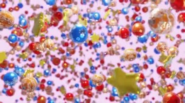 Noel arkaplanı. Yeni yıl 2020. Şenlik arka planı. Renkli Noel baloları ve uzaya altın yıldızlar yağıyor. Döngülü 4k animasyonu.