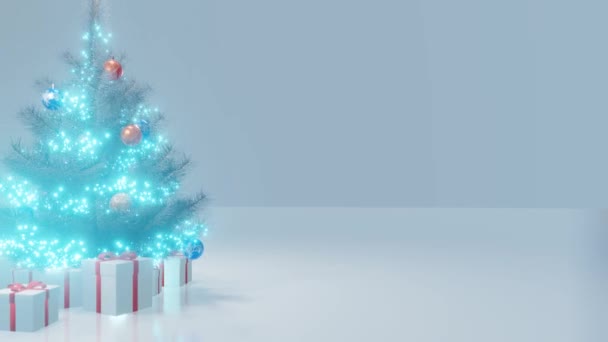 Absztrakt karácsonyi háttér. A kamera a karácsonyfa körül mozog karácsonyi labdákkal, fényekkel és ajándékdobozokkal. Looped 4k animáció.