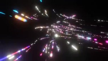 Parlak döngülü 4k arkaplan. Parlak çizgilerle bir tünelde uçmak. Hareket grafiği. Dijital teknoloji. Ağ, büyük veri ve veri merkezi çizgileriyle fütürist teknoloji soyut arkaplan.