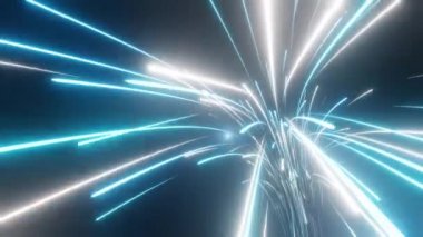 Parlak döngülü 4k arkaplan. Parlak çizgilerle bir tünelde uçmak. Hareket grafiği. Dijital teknoloji. Ağ, büyük veri ve veri merkezi çizgileriyle fütürist teknoloji soyut arkaplan.