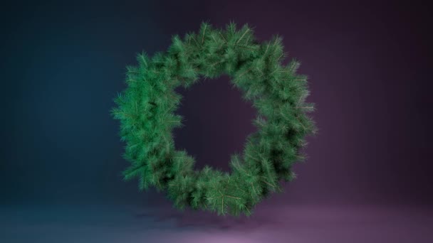 Vánoční věnce zelených větví vánočních stromků rotující ve vesmíru na neonovém pozadí. Vánoční pozadí. Nový rok2021. 3D smyčka 4K animace