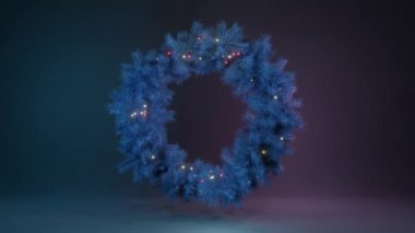 Mavi Noel ağacı dalları ve neon bir arka planda uzayda dönen ampullerden oluşan Noel çelengi. Noel arkaplanı. Yeni yıl 2021. 3B döngülü 4K canlandırması