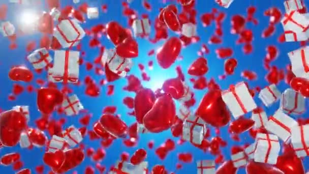 Cuori Scatole Regalo Confetti Oro Che Cadono Sullo Schermo Blu — Video Stock