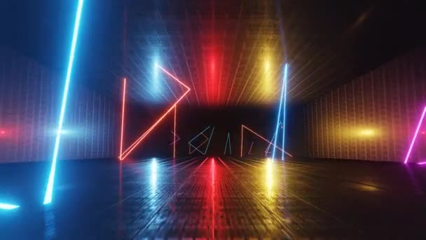Soyut Neon Arkaplan Neon Hatlarının Koridorunda Uçuyor Bilim Kurgu Geçmişi — Stok video