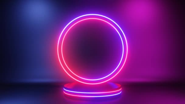 Cerchi Neon Lampeggiano Sul Podio Sfondo Neon Astratto Animazione Loop — Video Stock