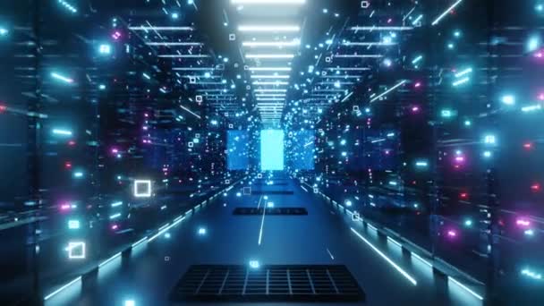 Datacenter Met Eindeloze Servers Netwerk Informatieservers Achter Glaspanelen Big Data — Stockvideo