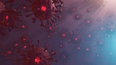 Virüsler, mikroskop altında Virüs Hücreleri, kırmızı-mavi arka planda yüzen sıvılar. Bakteri ve virüs salgını, mikroorganizmalara neden olan hastalıklar. Coronavirus. 3 Boyutlu Döngülenmiş Canlandırma