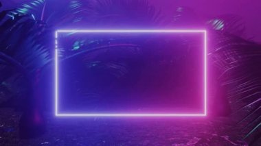 Karanlık çerçevedeki neon parıltısı tropikal bir ormanın ve yıldızlı bir gökyüzünün arka planında. Neon arka plan. 3 Boyutlu Canlandırma.