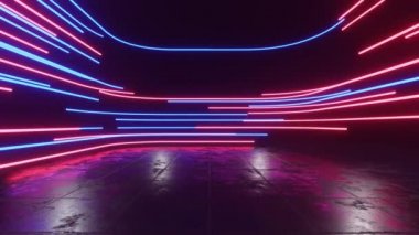 Hareketli neon tüpleri olan fütürist modern bir bilim kurgu odası. 3B canlandırma döngüsü 4K