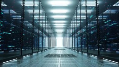 Sonsuz sunucuları olan veri merkezi. Cam panellerin arkasındaki ağ ve bilgi sunucuları. Parıldayan ışıkları olan sunucu odası. 4K yüksek kalite döngü canlandırması