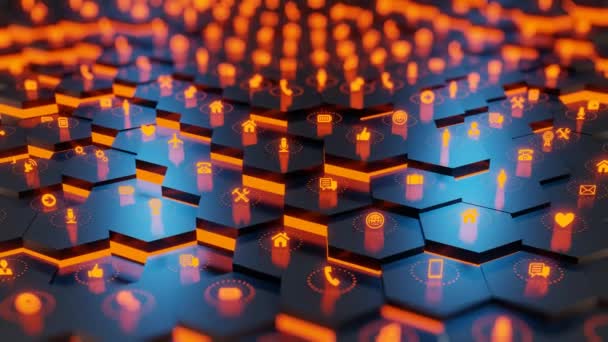 Abstract Futuristic Black Surface Honeycom Hexagon Pattern Orange Light Social — Stockvideo