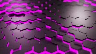 Mor ışıklı, fütüristik siyah yüzey balmumu altıgen deseni. Fütürist arka plan hareketi. 4k 3d döngü canlandırması