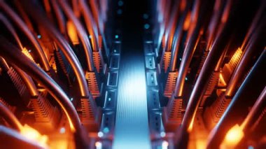 Fişe takılı ethernet kablolarıyla modern internet ağ anahtarının yakın görüntüsü. İnternet sunucusunda yanıp sönen mavi ışıklar. 4k 3d sonsuz döngü.