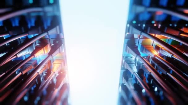 Vue rapprochée du commutateur de réseau Internet moderne avec câbles Ethernet branchés. Clignotant lumières bleues sur le serveur Internet. boucle sans fin 4k 3d .