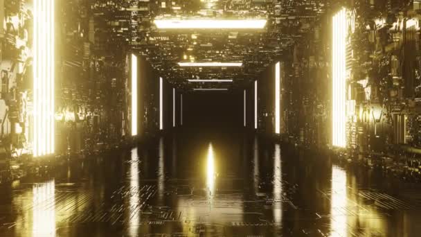 Golden Digital Futuristic Tunnel Bright Light Sky Gold Background Loop — Stockvideo