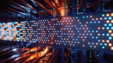Fişe takılı ethernet kablolarıyla modern internet ağ anahtarının yakın görüntüsü. İnternet sunucusunda yanıp sönen mavi ışıklar. 4k 3d sonsuz döngü canlandırması.