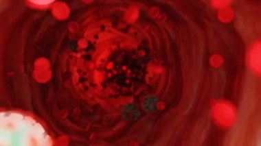 Virüsler, mikroskop altında kan içinde yüzen virüs hücreleri. Patojenler bakteri ve virüs salgını, mikroorganizmalara neden olan hastalıklar. COVID-19. Coronavirus. 3 Boyutlu Döngülenmiş Canlandırma