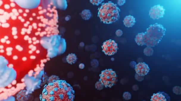 Virus Células Virales Bajo Microscopio Flotando Líquido Con Fondo Azul — Vídeo de stock