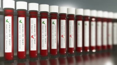 CORONAVIRUS testi yapılan test tüpleri. COVID-19. 3D 4K döngü canlandırması