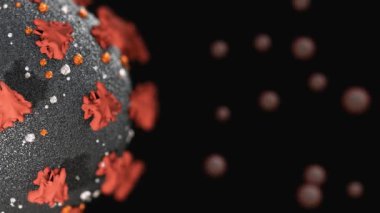 Bir virüs hücresi, koronavirüs, COVID-19, 2019-nCoV, SARS -CoV-2 molekülü ile diğer moleküller ve kenarlarında bir bokeh etkisi ile hareket etmek. 3d 4K döngü canlandırması