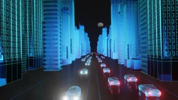 車とシームレスなループ抽象的なホログラム3D都市レンダリング デジタルネオンビル 抽象都市交通 4Kループアニメーション — ストック動画