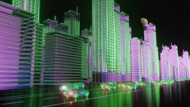 Sömlös Loop Abstrakt Hologram City Rendering Med Bilar Digitala Neonbyggnader — Stockvideo