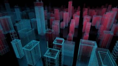 Kusursuz bir döngü. Soyut hologram. Üç boyutlu şehir. Dijital neon binalar. Soyut şehir trafiği. 3D 4K Döngü Canlandırması.