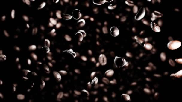 コーヒー豆はゆっくりと落ち 暗い背景で回転します 3Dループアニメーション — ストック動画