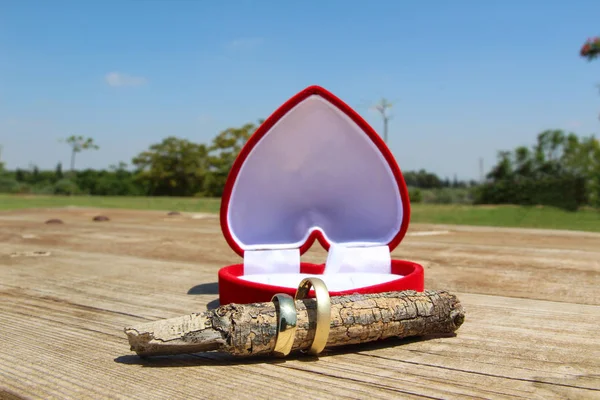 Een rode fluwelen doos met een paar Gouden trouwringen — Stockfoto