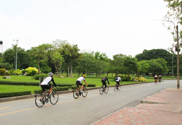 A group of cyclists ride in a park on a bicycle