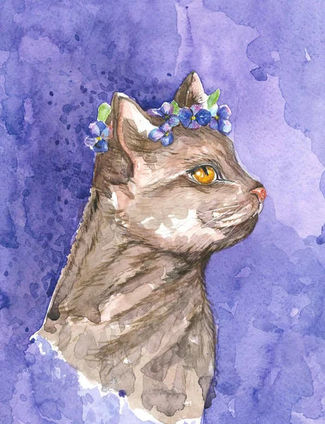 Gato aquarela e flores — Fotografia de Stock