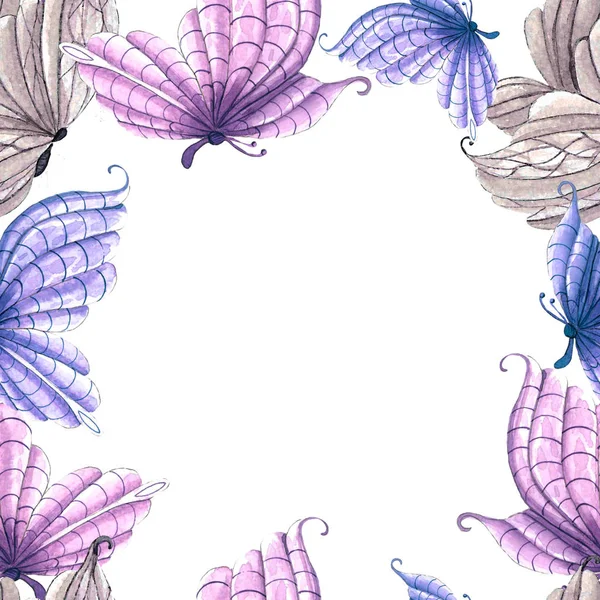 Frame of color hand drawn butterflies — Stock Photo, Image