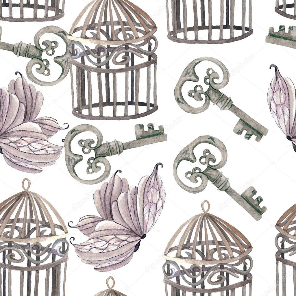 pattern of butterflies, cages and keys