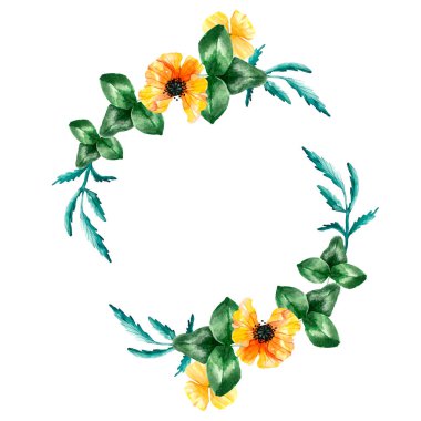 Beyaz arka plan üzerinde izole haşhaş ile suluboya çerçeve çiçek