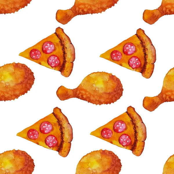 Pizza Plátky Smažené Kuře Bezešvé Vzor — Stock fotografie